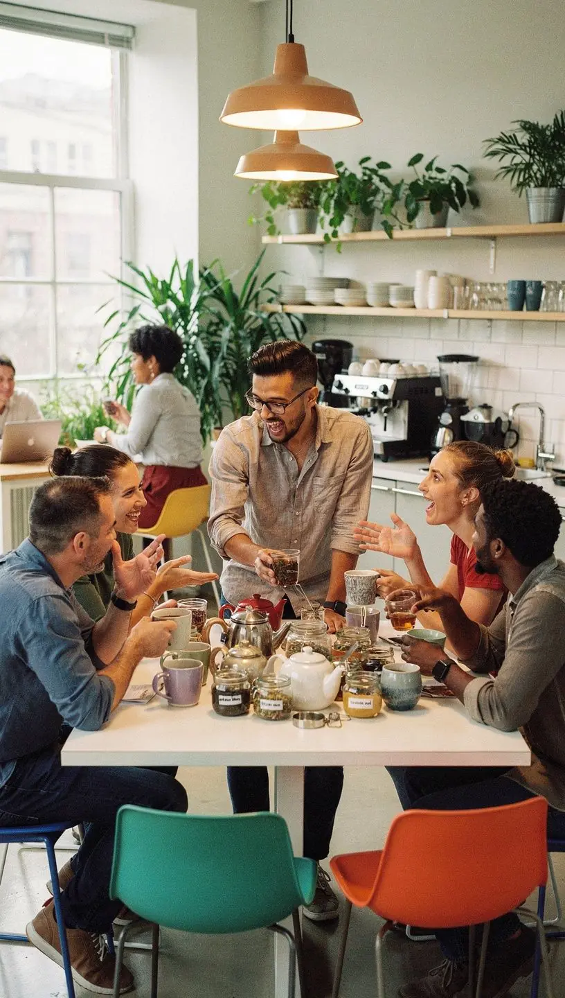 Stalo vaizdas su įvairių žolelių arbatos rūšių asortimentu ir mažomis lėkštelėmis priedų.
