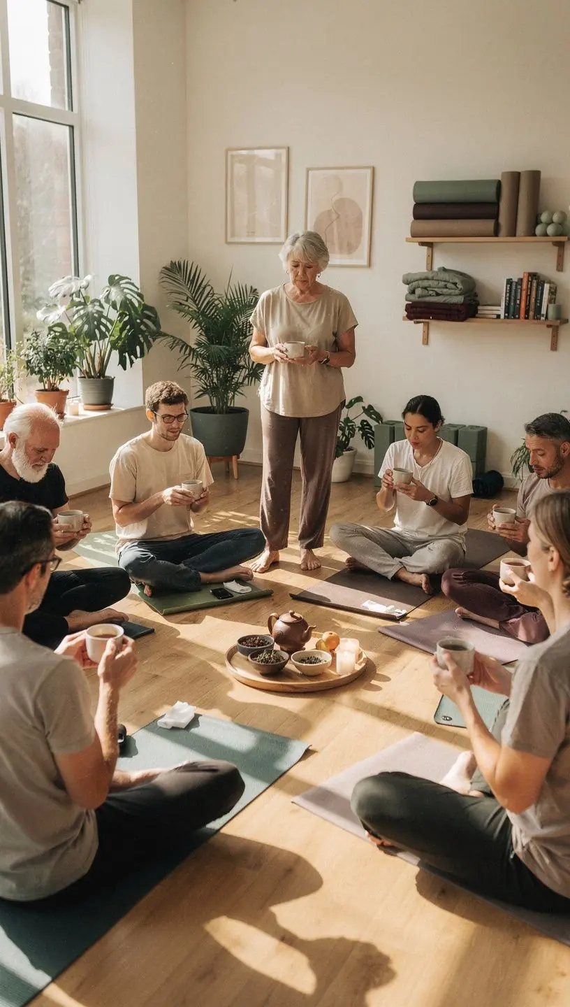 Rankos, laikančios arbatos puodelį su citrinos griežinėliu, sutelkiant dėmesį į sąmoningą gėrimo praktiką.