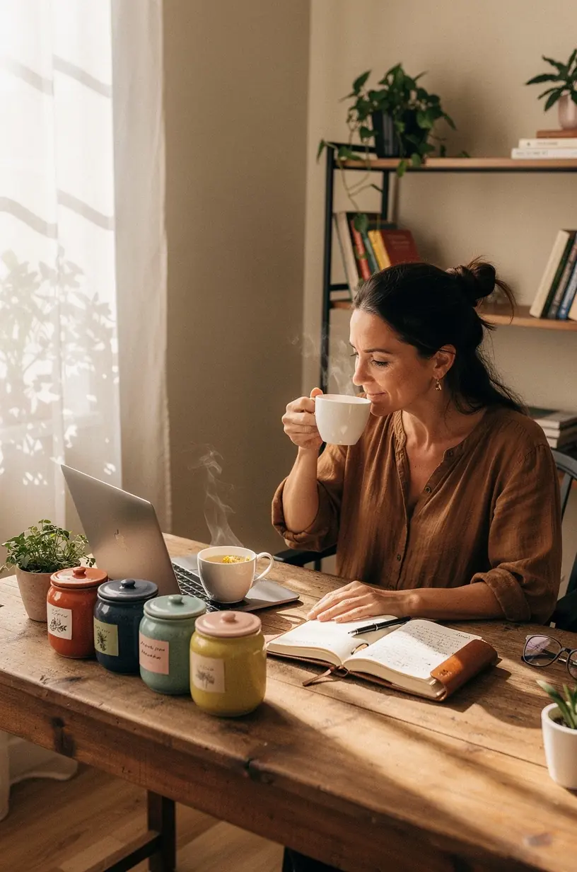 Mokomasis plakatas su arbatos rūšių aprašymais ir jų poveikiu sveikatai, skirtas darbo aplinkos edukacijai.