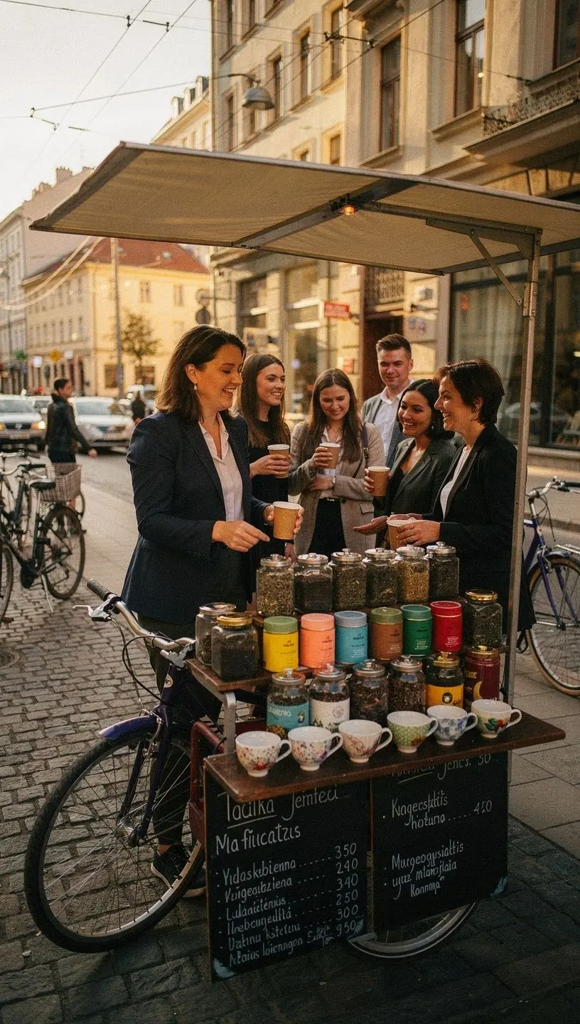 Žolelių arbatos paruošimo procesas su užpylimo indu ir garuojančiu puodeliu.